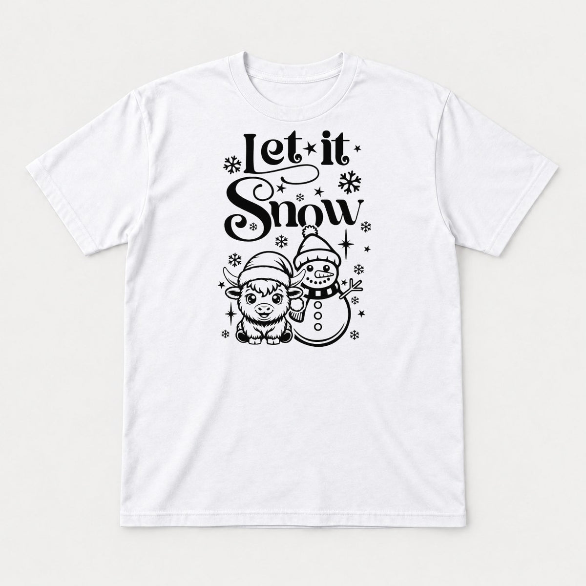 Let It Snow Highland Cow & Snowman Christmas Graphic T-Shirt & Sweatshirt - Tshirt White Front