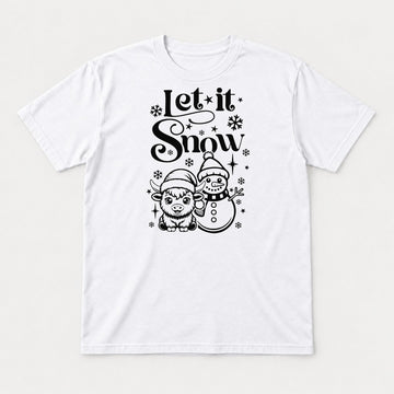 Let It Snow Highland Cow & Snowman Christmas Graphic T-Shirt & Sweatshirt - Tshirt White Front