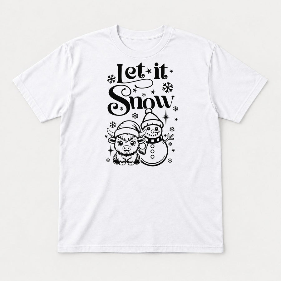 Let It Snow Highland Cow & Snowman Christmas Graphic T-Shirt & Sweatshirt