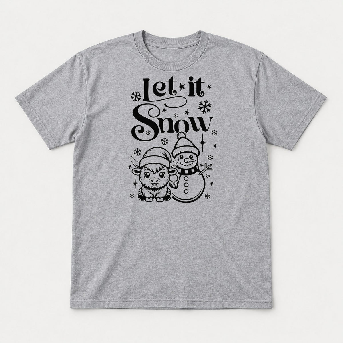 Let It Snow Highland Cow & Snowman Christmas Graphic T-Shirt & Sweatshirt - Tshirt Sport Grey Front