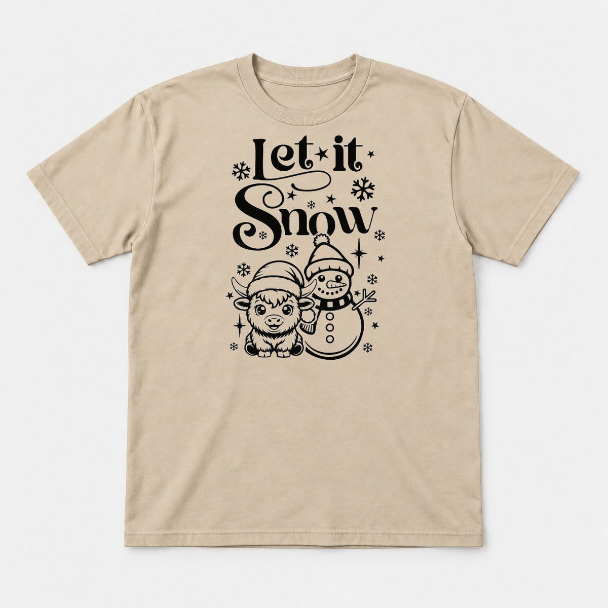Let It Snow Highland Cow & Snowman Christmas Graphic T-Shirt & Sweatshirt - Tshirt Sand Front