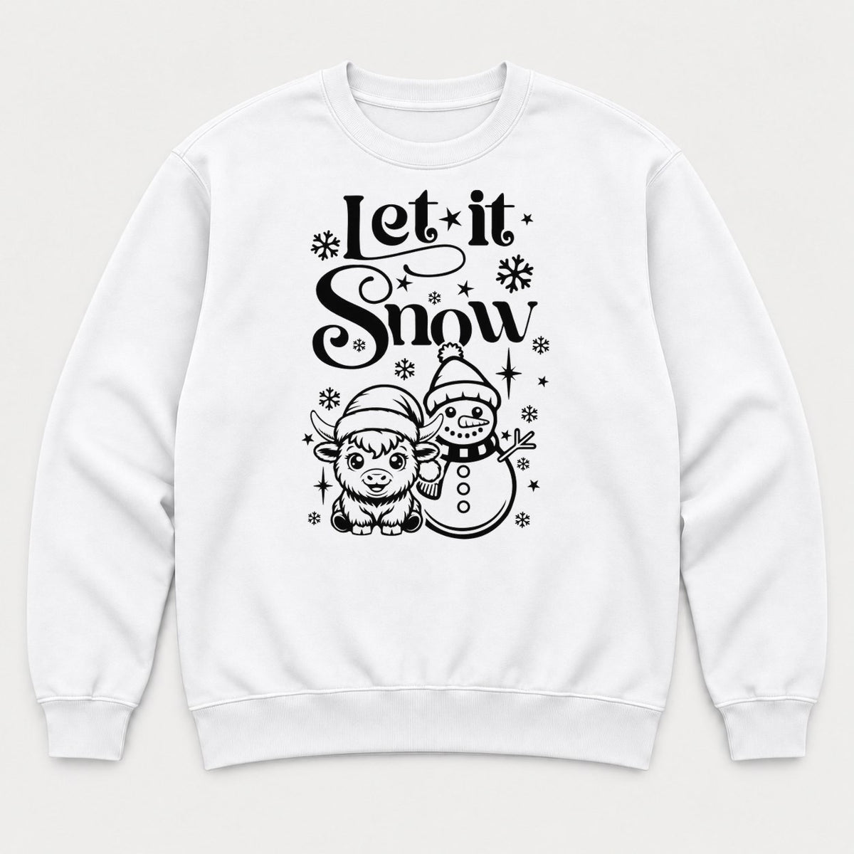 Let It Snow Highland Cow & Snowman Christmas Graphic T-Shirt & Sweatshirt - Sweatshirt White Front