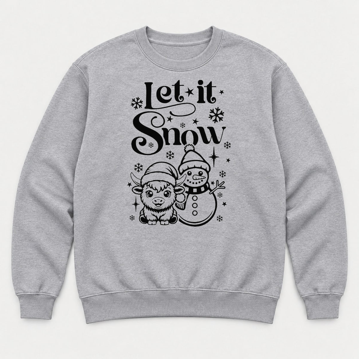 Let It Snow Highland Cow & Snowman Christmas Graphic T-Shirt & Sweatshirt - Sweatshirt Sport Grey Front