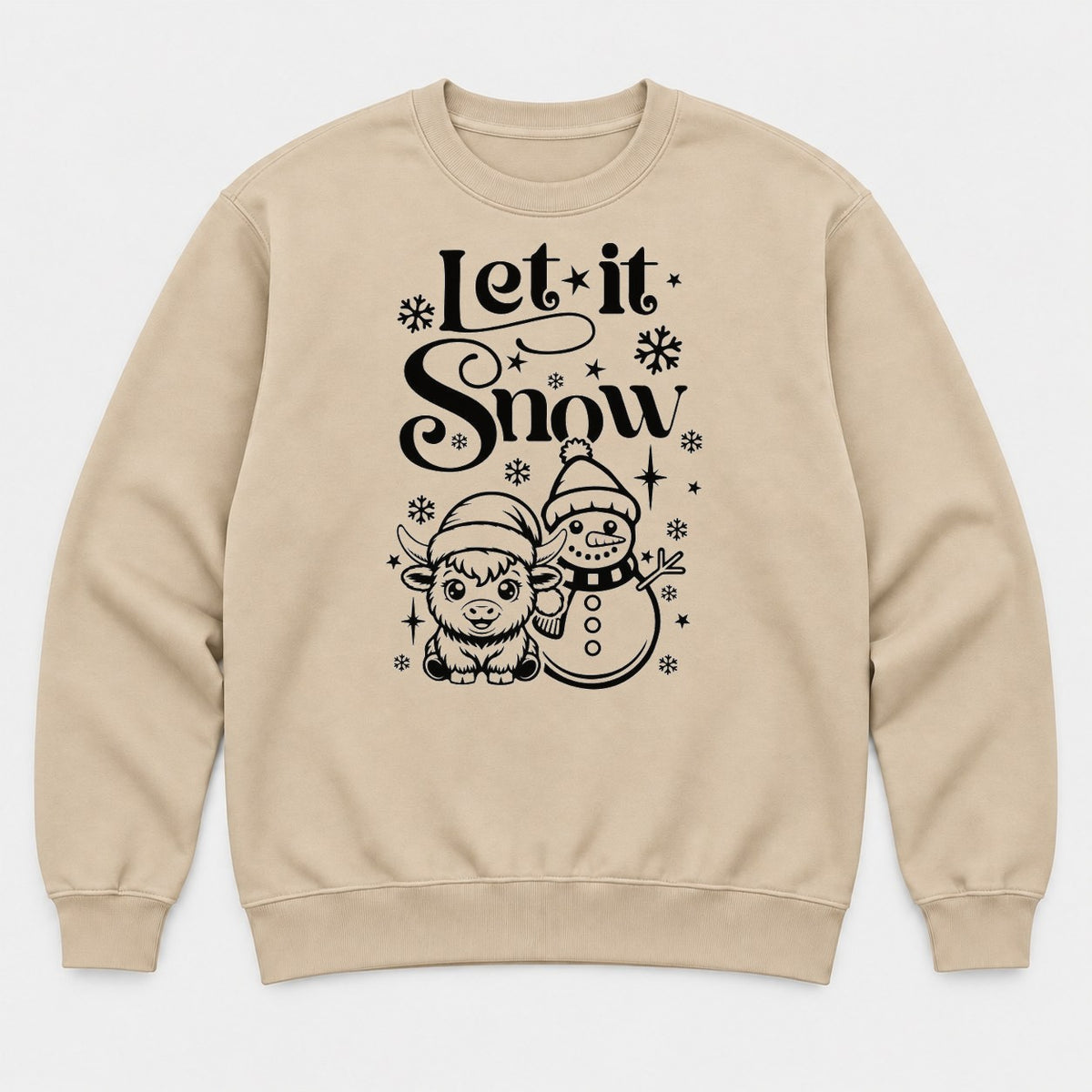 Let It Snow Highland Cow & Snowman Christmas Graphic T-Shirt & Sweatshirt - Sweatshirt Sand Front