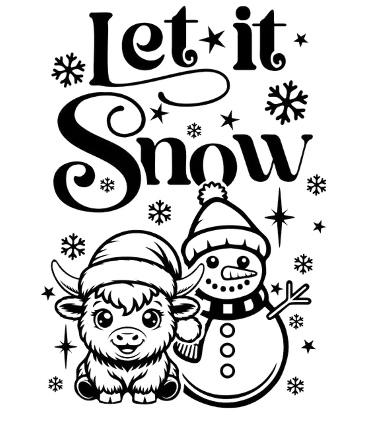 Let It Snow Highland Cow & Snowman Christmas Graphic T-Shirt & Sweatshirt - print file Front
