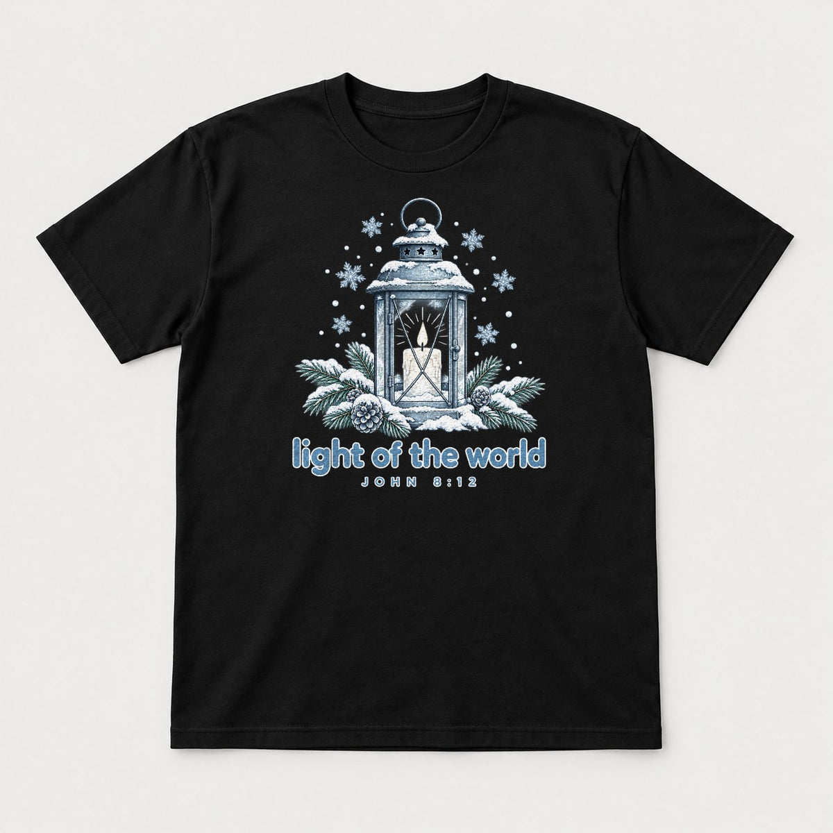 Light of the World Snowy Lantern John 8:12 Graphic T-Shirt & Sweatshirt - Tshirt Black Front