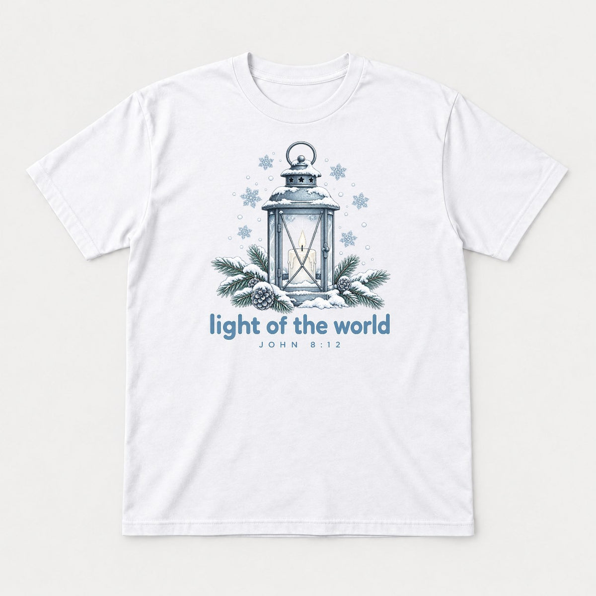 Light of the World Snowy Lantern John 8:12 Graphic T-Shirt & Sweatshirt - Tshirt White Front