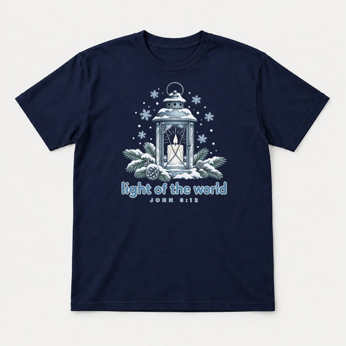 Light of the World Snowy Lantern John 8:12 Graphic T-Shirt & Sweatshirt - Tshirt Navy Front