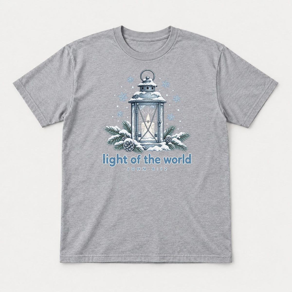 Light of the World Snowy Lantern John 8:12 Graphic T-Shirt & Sweatshirt - Tshirt Sport Grey Front