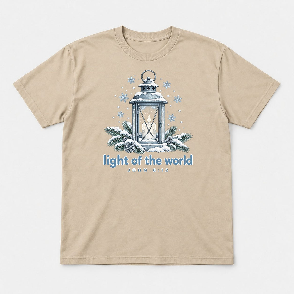 Light of the World Snowy Lantern John 8:12 Graphic T-Shirt & Sweatshirt - Tshirt Sand Front