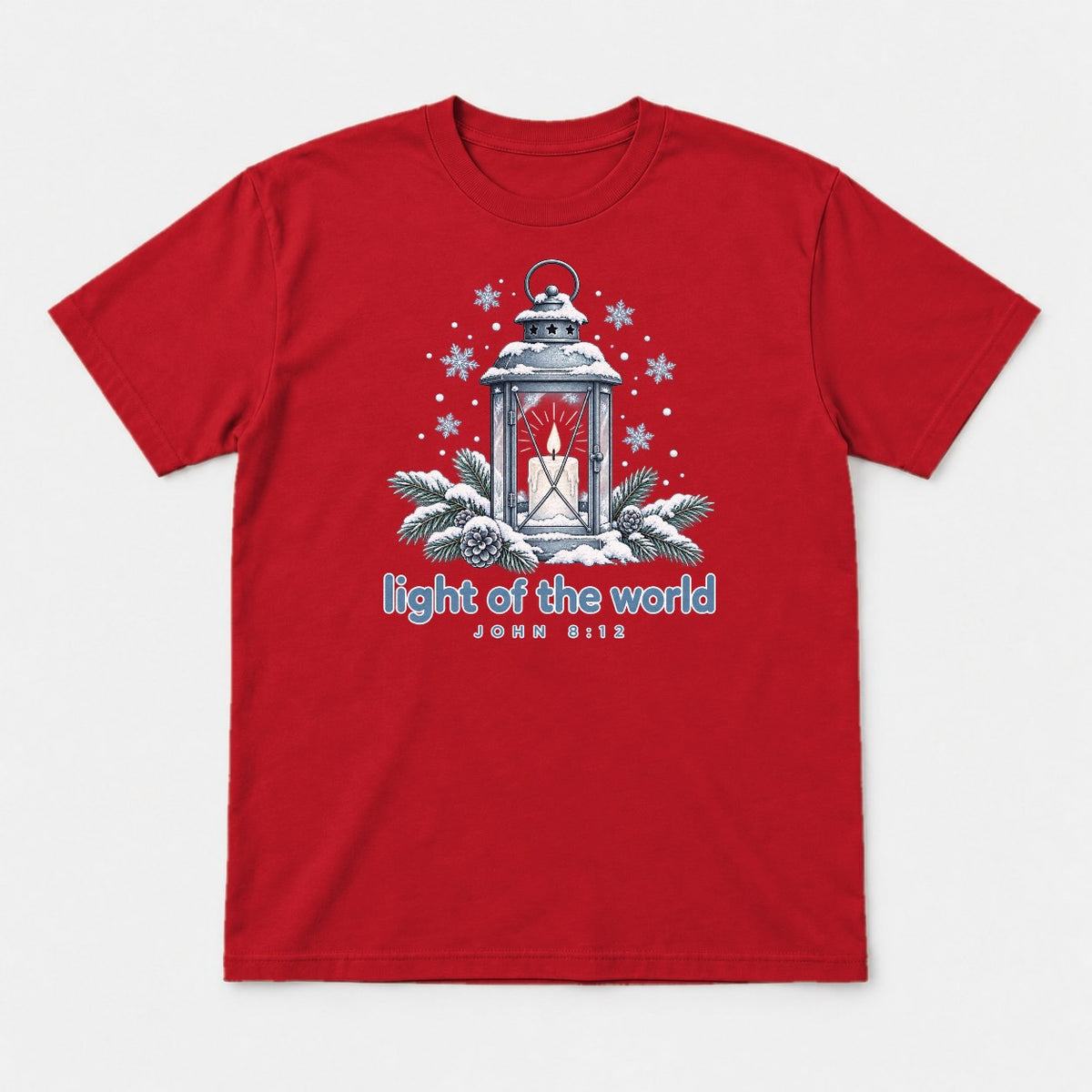 Light of the World Snowy Lantern John 8:12 Graphic T-Shirt & Sweatshirt - Tshirt Red Front