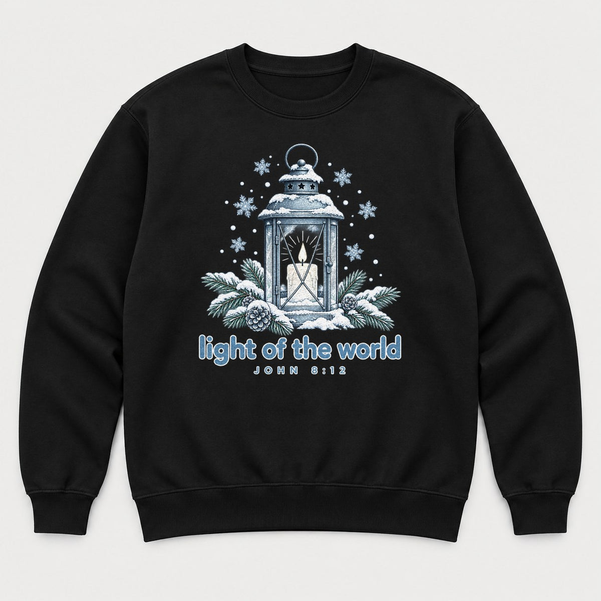 Light of the World Snowy Lantern John 8:12 Graphic T-Shirt & Sweatshirt - Sweatshirt Black Front