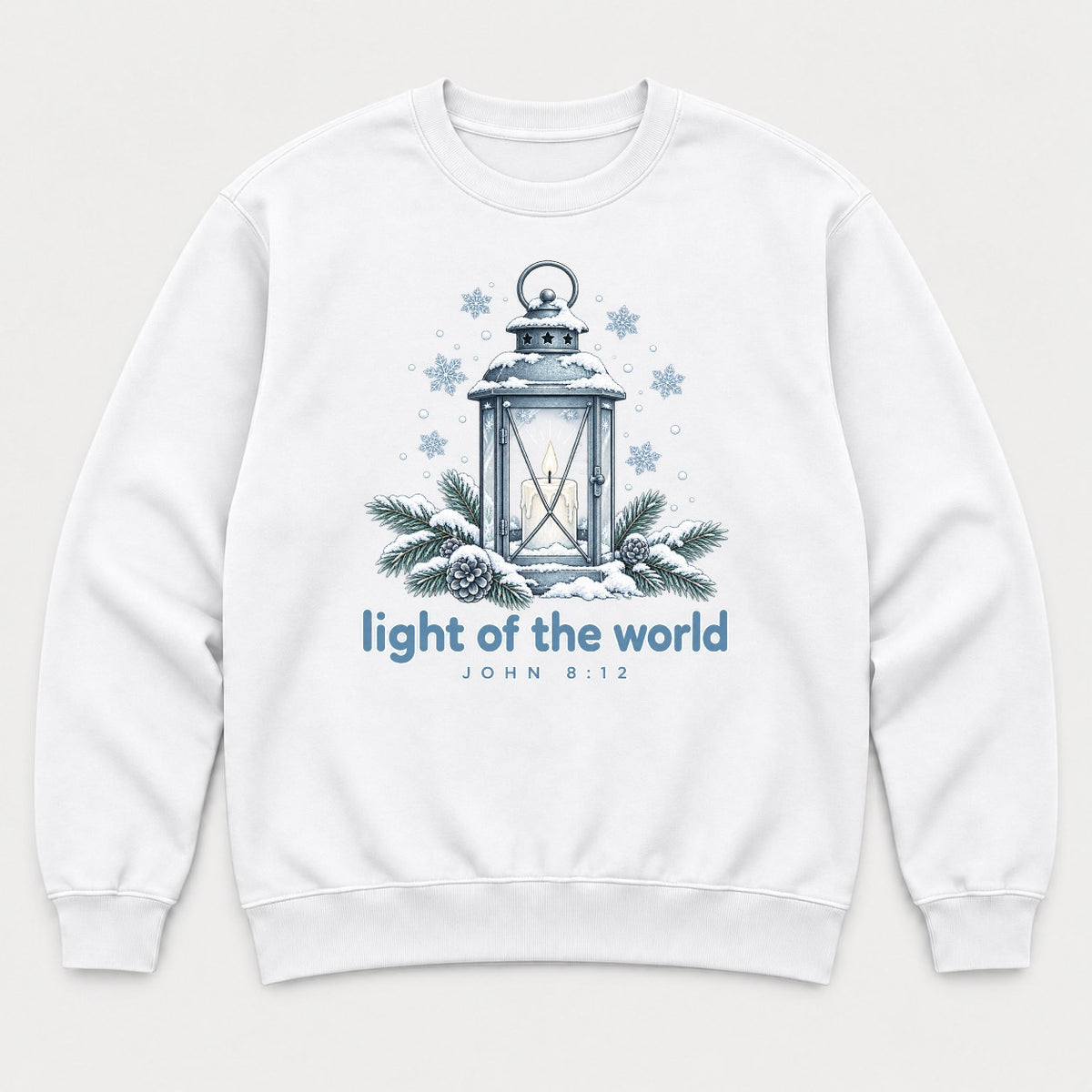 Light of the World Snowy Lantern John 8:12 Graphic T-Shirt & Sweatshirt - Sweatshirt White Front