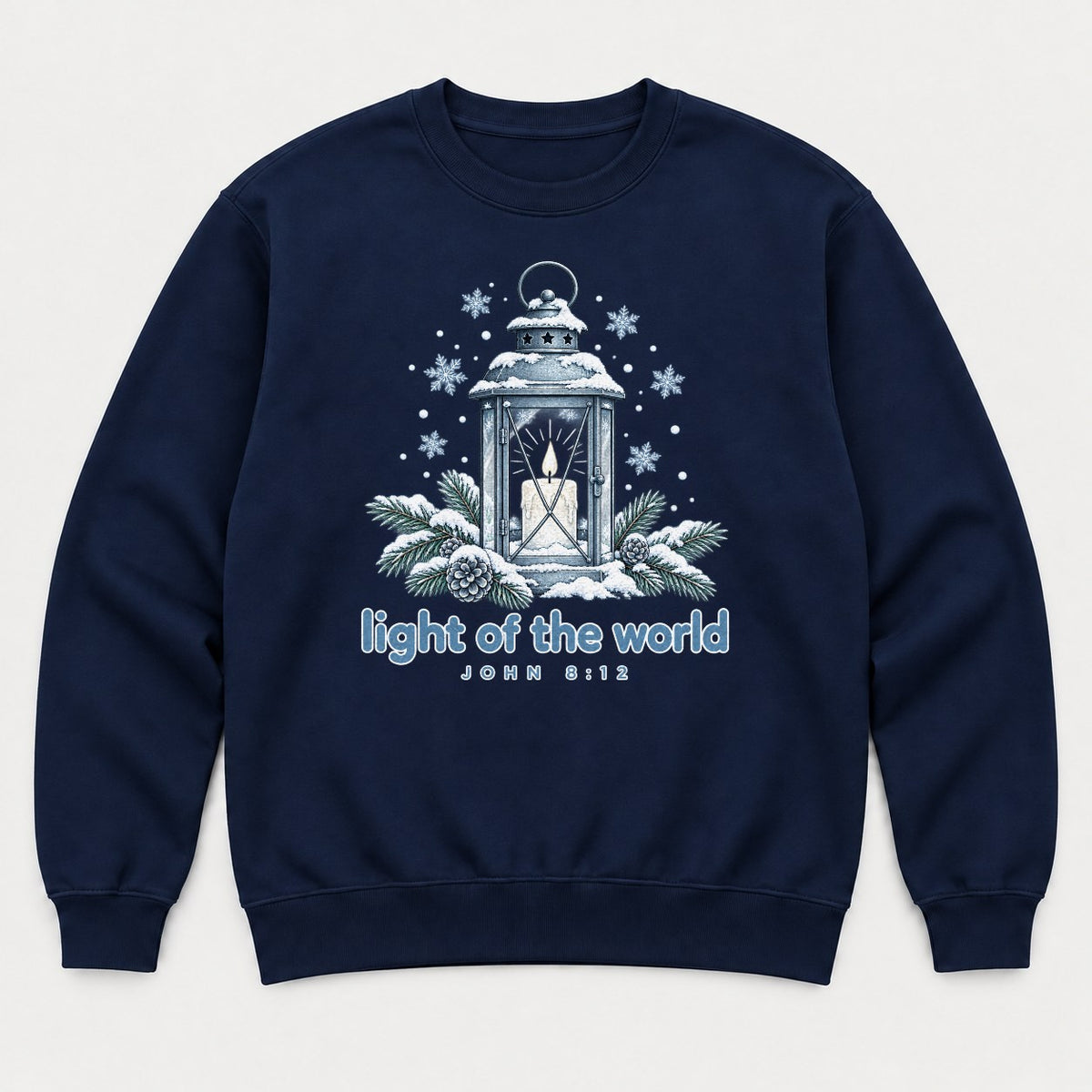 Light of the World Snowy Lantern John 8:12 Graphic T-Shirt & Sweatshirt - Sweatshirt Navy Front