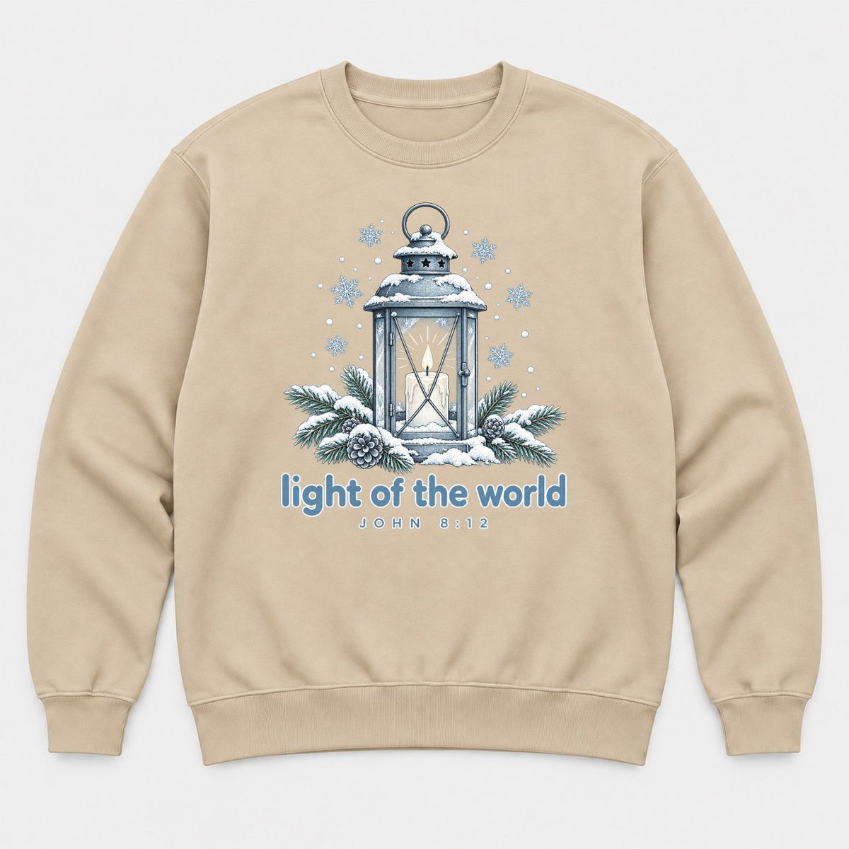 Light of the World Snowy Lantern John 8:12 Graphic T-Shirt & Sweatshirt - Sweatshirt Sand Front