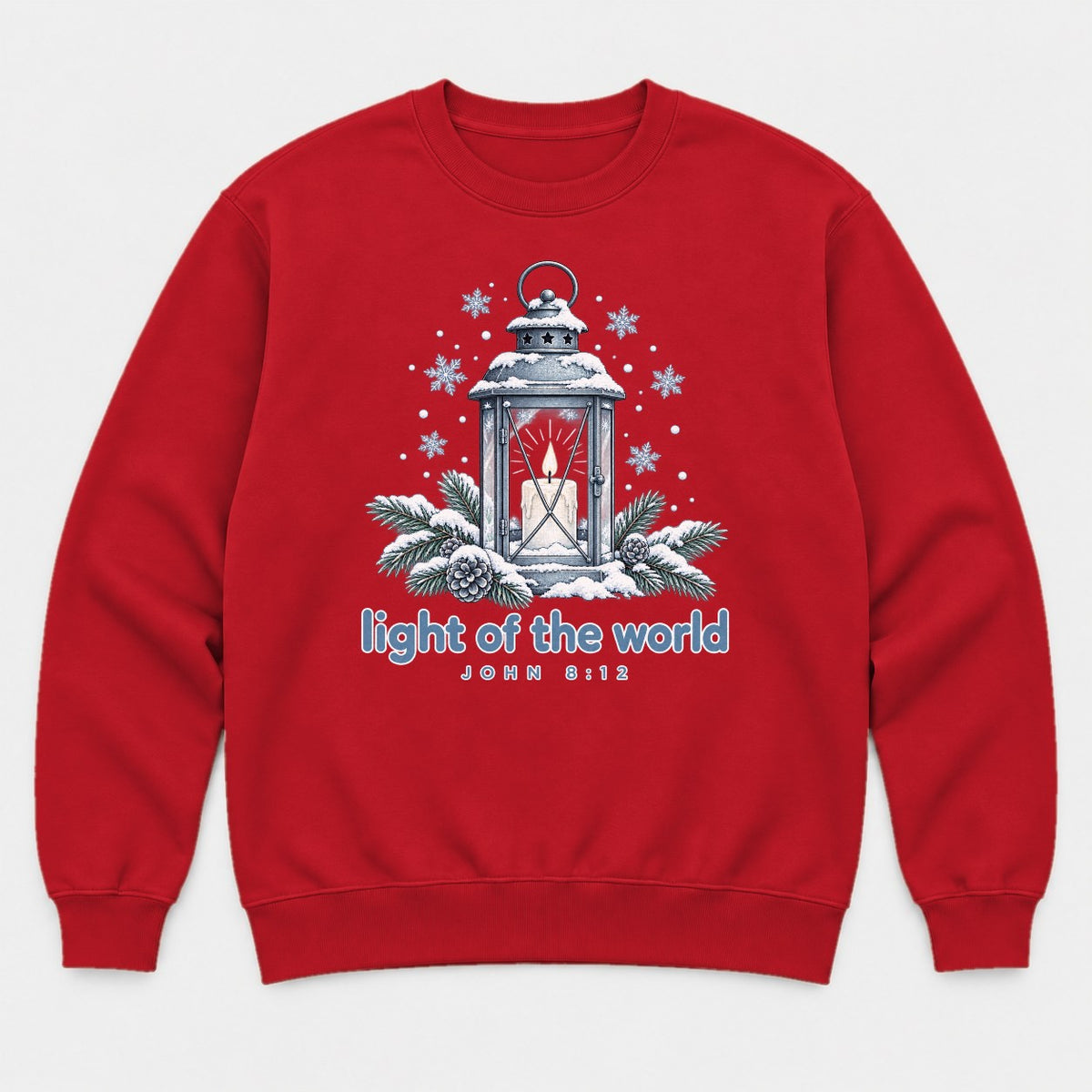 Light of the World Snowy Lantern John 8:12 Graphic T-Shirt & Sweatshirt - Sweatshirt Red Front