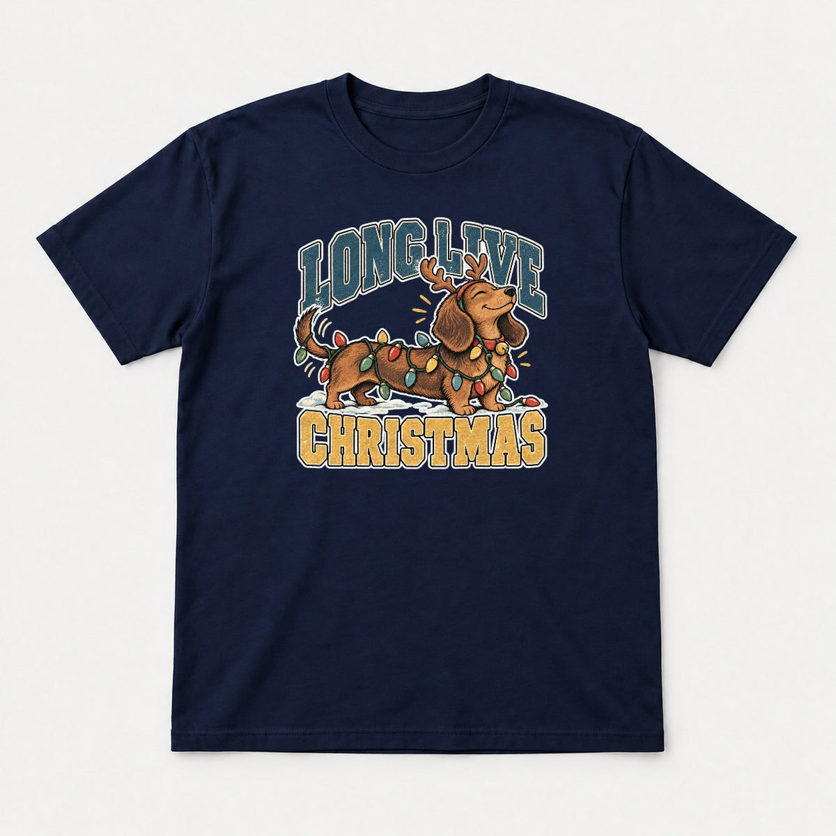 Long Live Christmas Dachshund Christmas Lights Graphic T-Shirt & Sweatshirt - Tshirt Navy Front