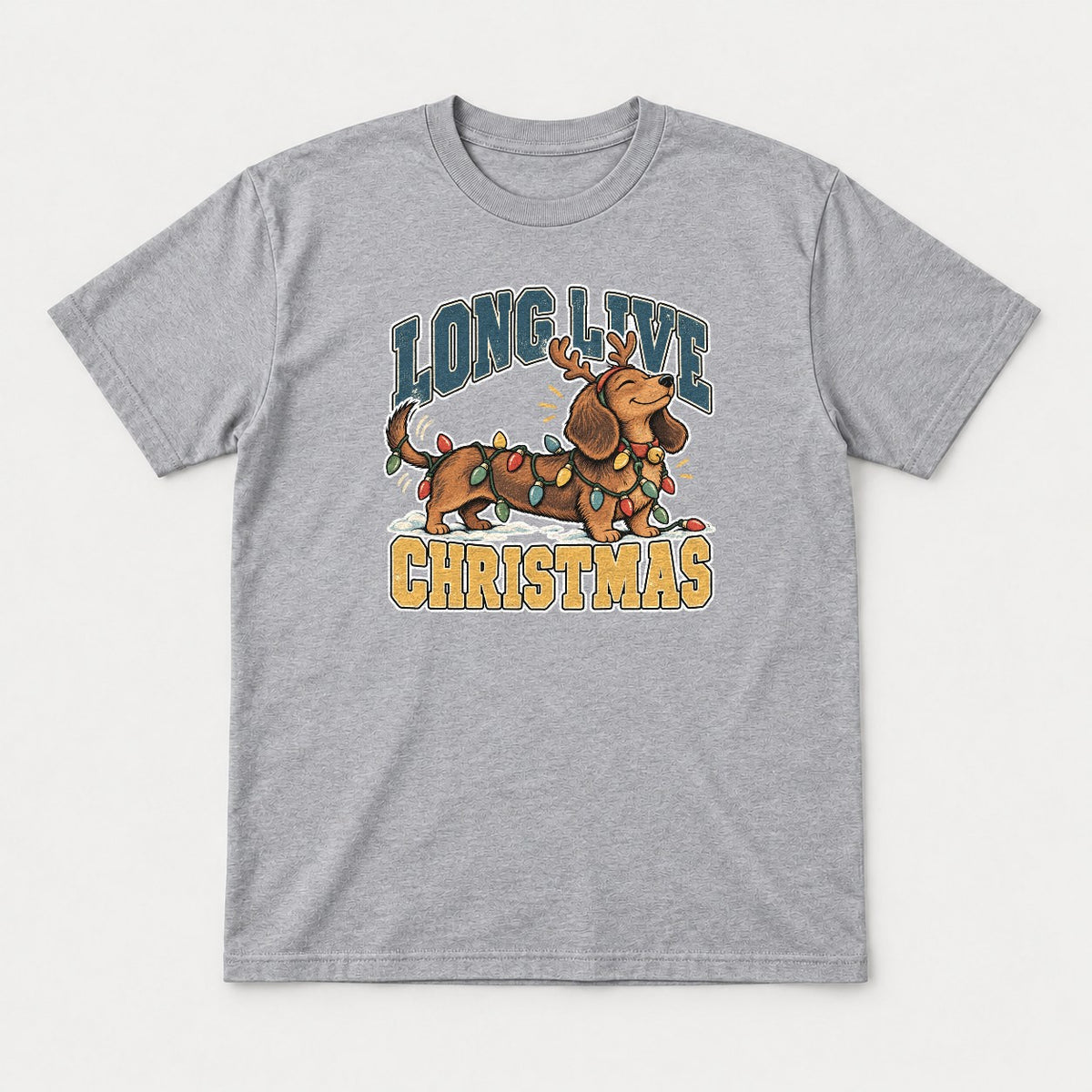 Long Live Christmas Dachshund Christmas Lights Graphic T-Shirt & Sweatshirt - Tshirt Sport Grey Front