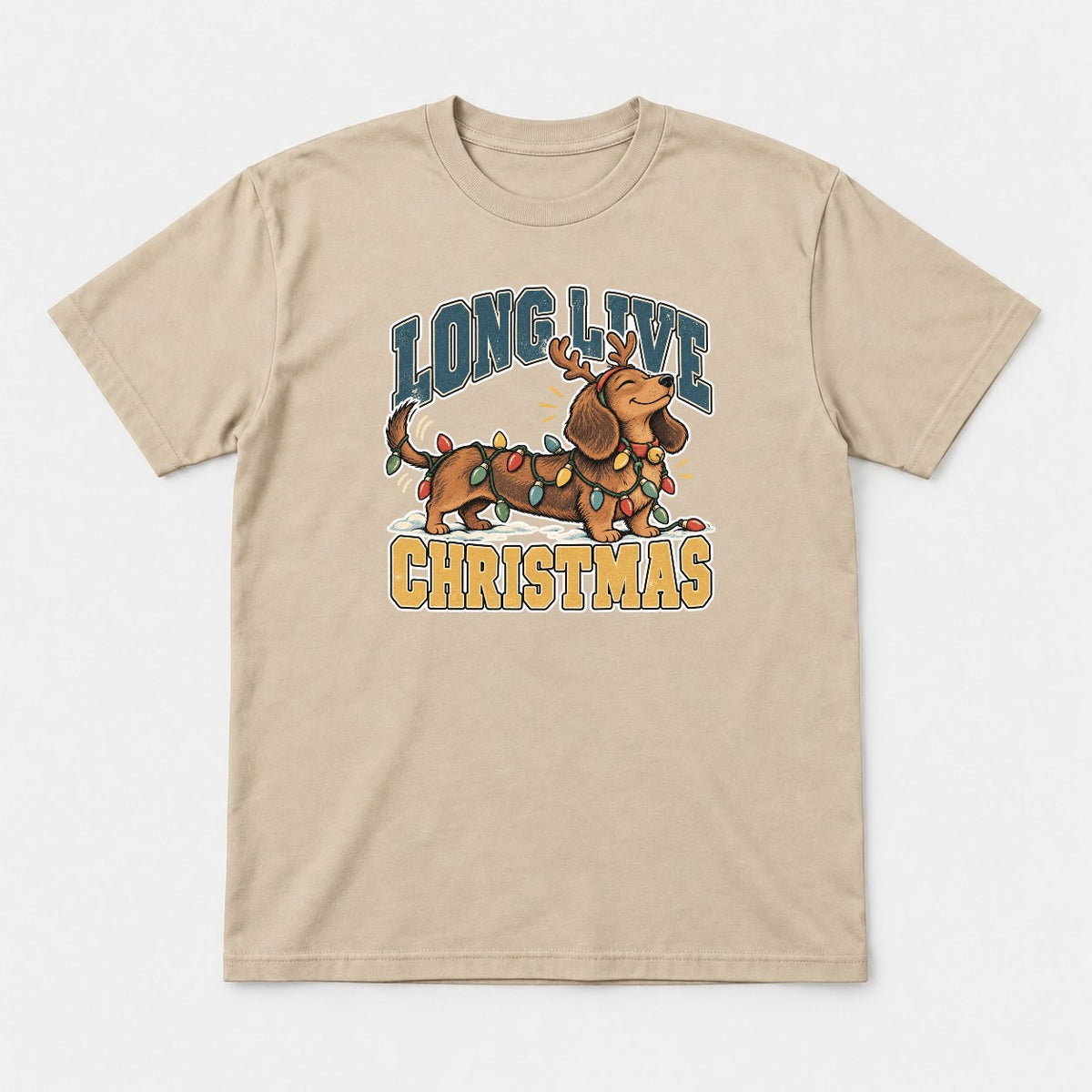 Long Live Christmas Dachshund Christmas Lights Graphic T-Shirt & Sweatshirt - Tshirt Sand Front