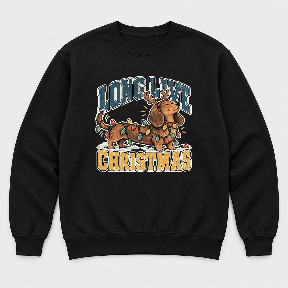 Long Live Christmas Dachshund Christmas Lights Graphic T-Shirt & Sweatshirt - Sweatshirt Black Front