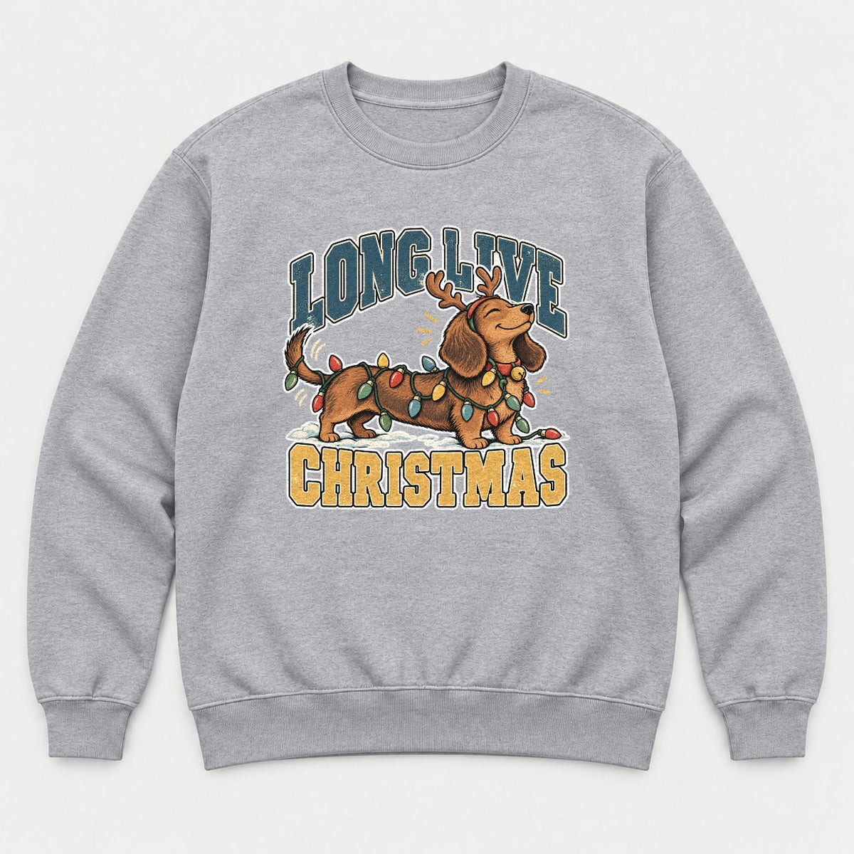 Long Live Christmas Dachshund Christmas Lights Graphic T-Shirt & Sweatshirt - Sweatshirt Sport Grey Front