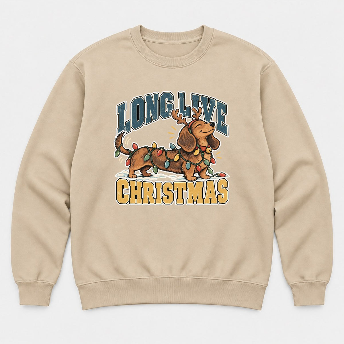 Long Live Christmas Dachshund Christmas Lights Graphic T-Shirt & Sweatshirt - Sweatshirt Sand Front
