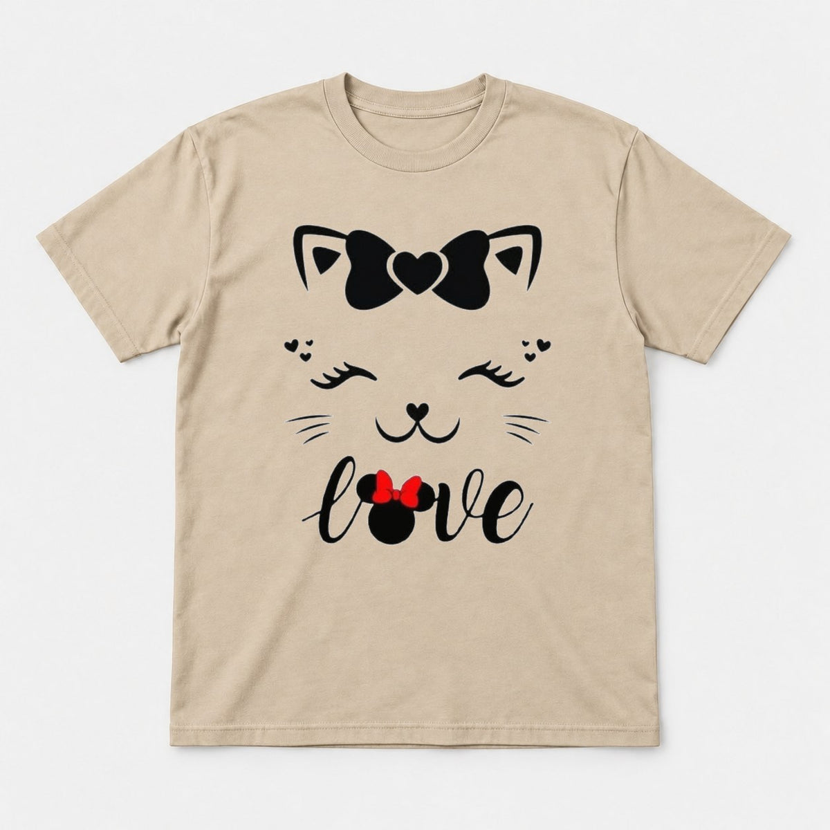 Love Cute Cat Face Bow Graphic T-Shirt & Sweatshirt - Tshirt Sand Front