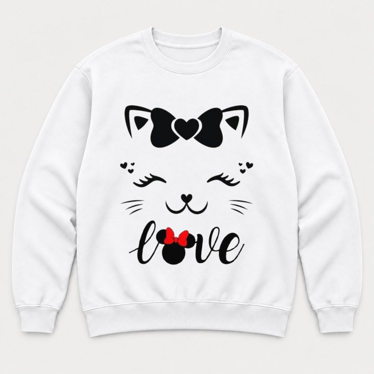 Love Cute Cat Face Bow Graphic T-Shirt & Sweatshirt - Sweatshirt White Front