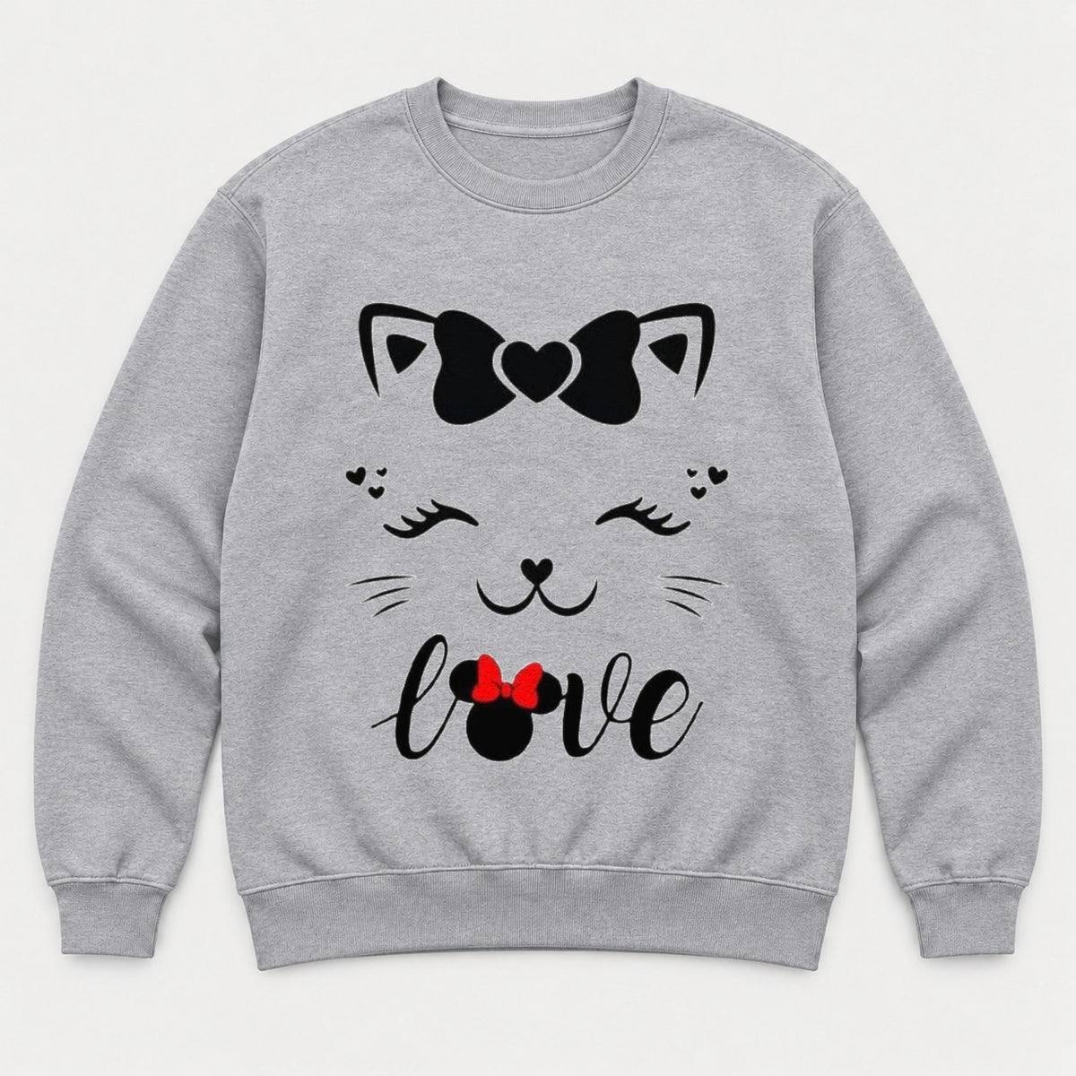 Love Cute Cat Face Bow Graphic T-Shirt & Sweatshirt - Sweatshirt Sport Grey Front