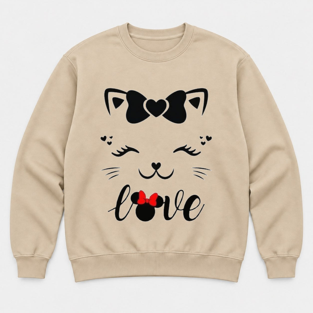 Love Cute Cat Face Bow Graphic T-Shirt & Sweatshirt - Sweatshirt Sand Front