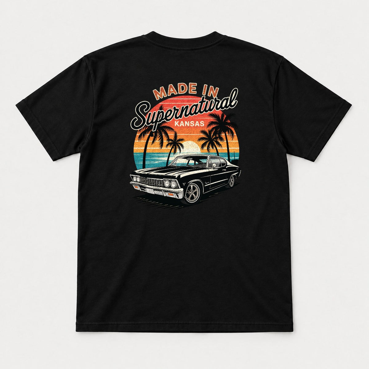 Made In Supernatural Kansas Retro Sunset Muscle Car Graphic T-Shirt & Sweatshirt - Tshirt Black Back