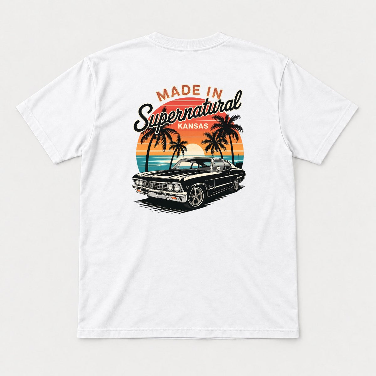 Made In Supernatural Kansas Retro Sunset Muscle Car Graphic T-Shirt & Sweatshirt - Tshirt White Back