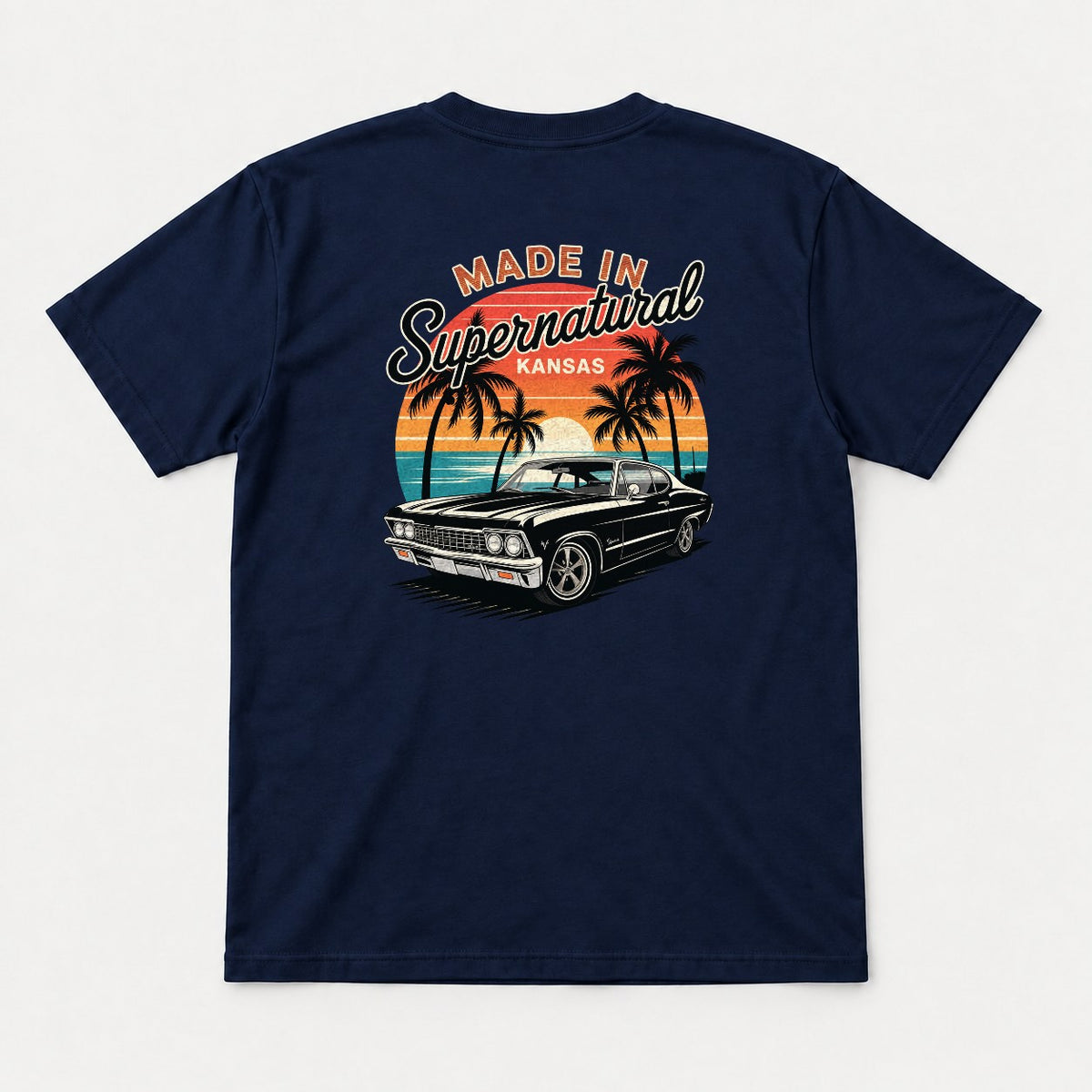 Made In Supernatural Kansas Retro Sunset Muscle Car Graphic T-Shirt & Sweatshirt - Tshirt Navy Back
