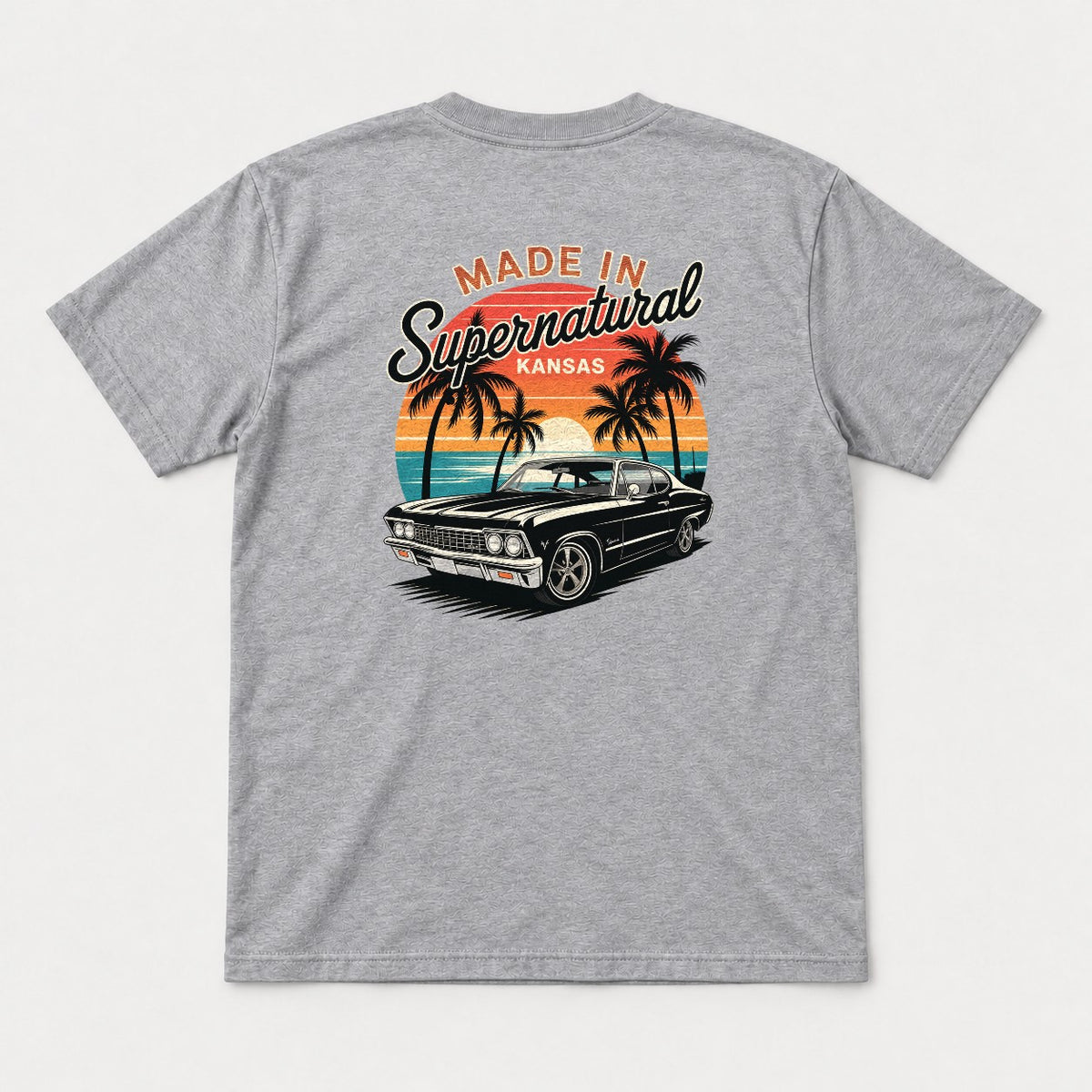 Made In Supernatural Kansas Retro Sunset Muscle Car Graphic T-Shirt & Sweatshirt - Tshirt Sport Grey Back
