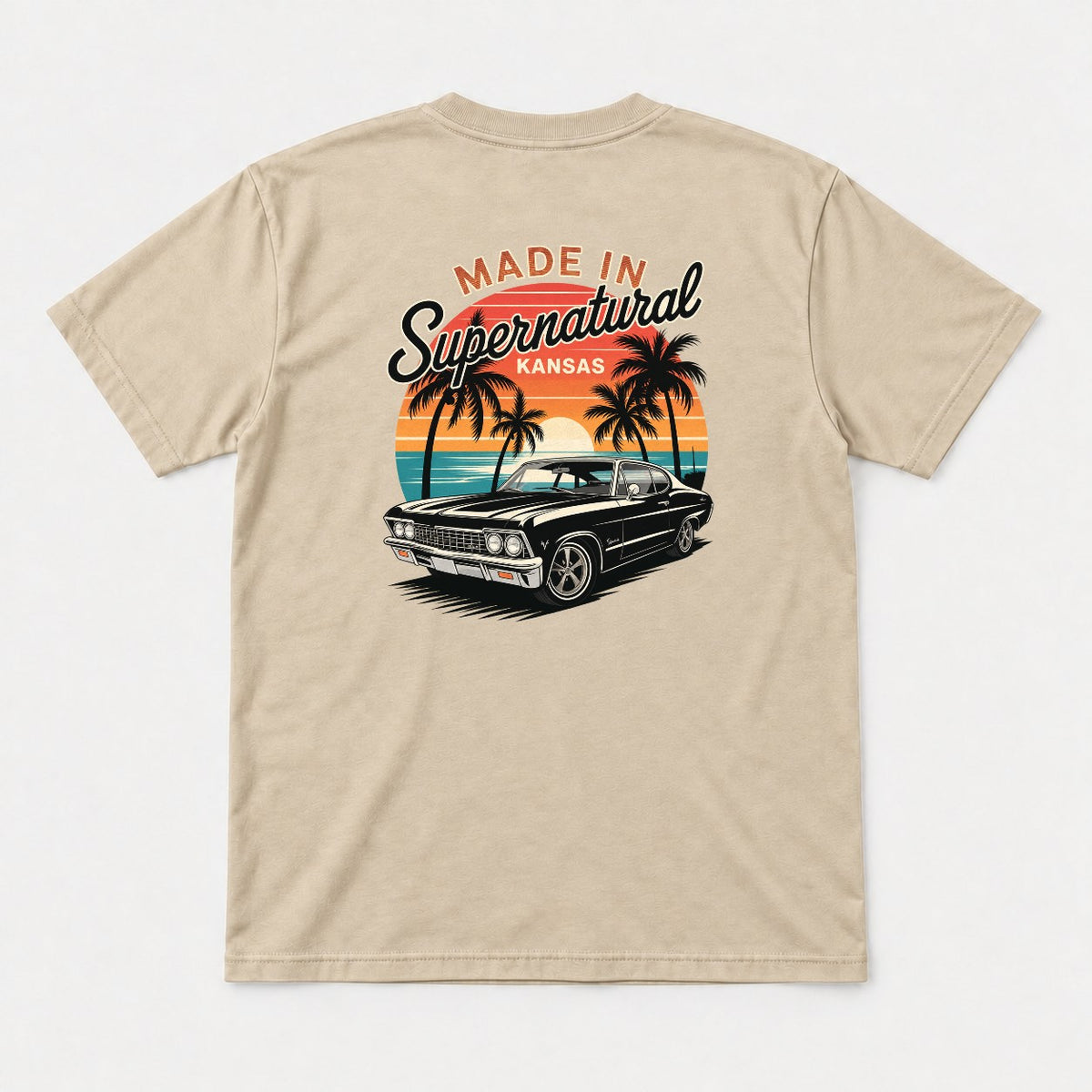 Made In Supernatural Kansas Retro Sunset Muscle Car Graphic T-Shirt & Sweatshirt - Tshirt Sand Back
