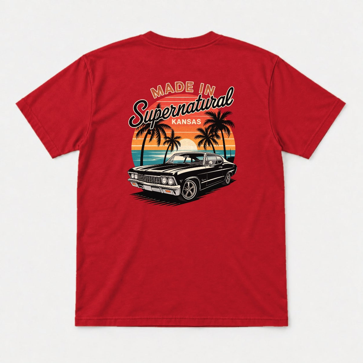 Made In Supernatural Kansas Retro Sunset Muscle Car Graphic T-Shirt & Sweatshirt - Tshirt Red Back