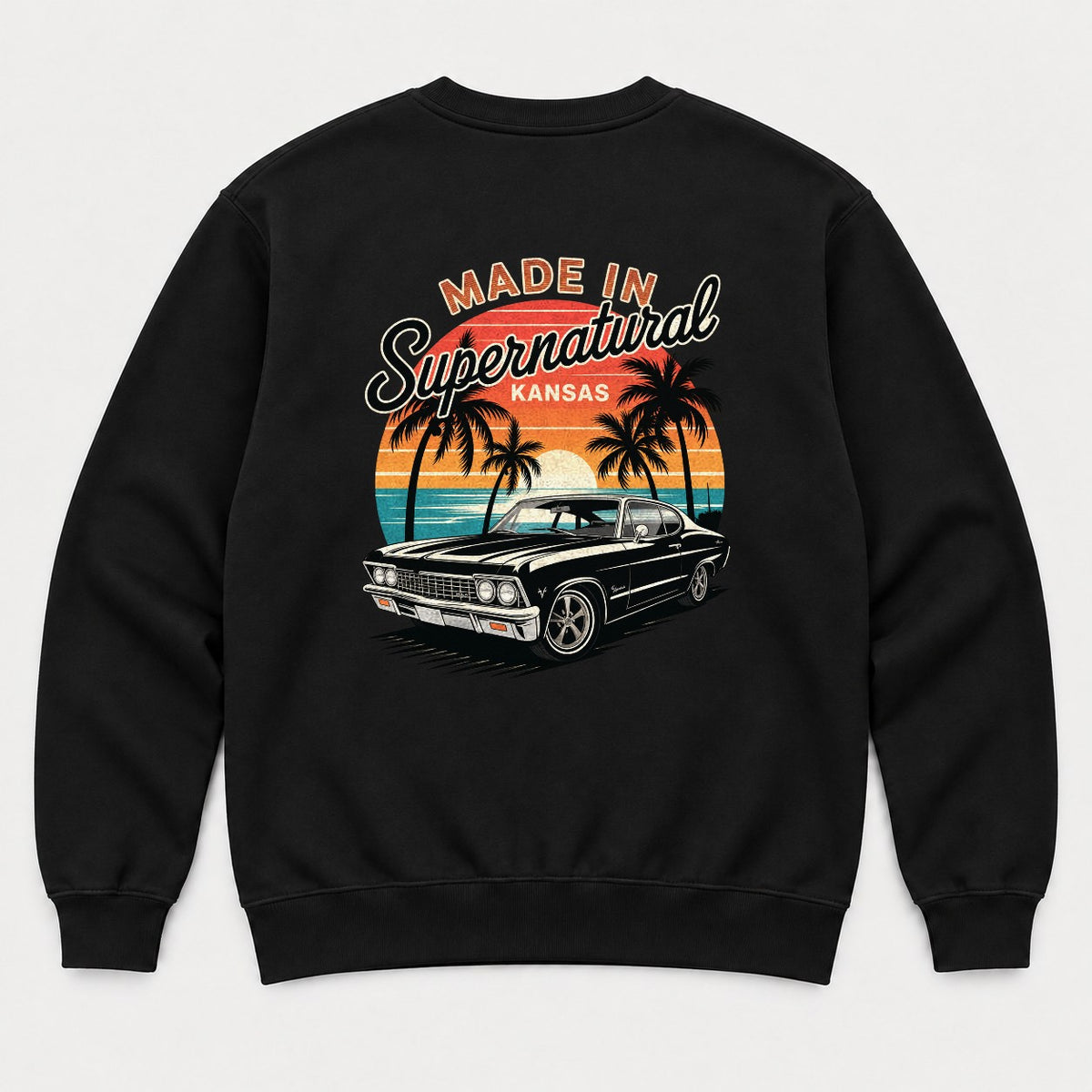 Made In Supernatural Kansas Retro Sunset Muscle Car Graphic T-Shirt & Sweatshirt - Sweatshirt Black Back