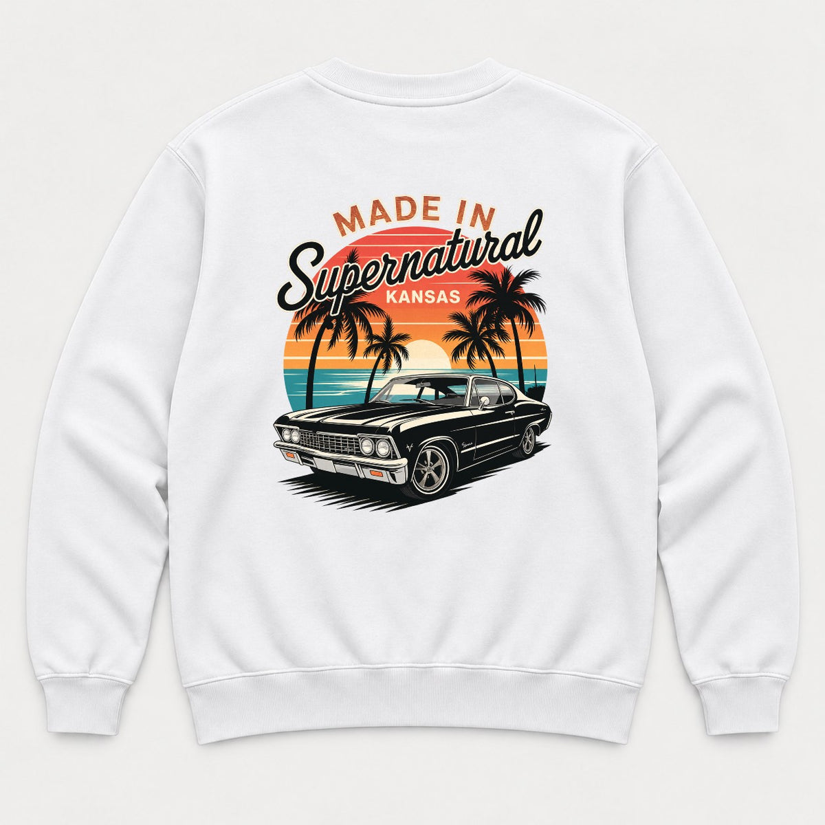 Made In Supernatural Kansas Retro Sunset Muscle Car Graphic T-Shirt & Sweatshirt - Sweatshirt White Back