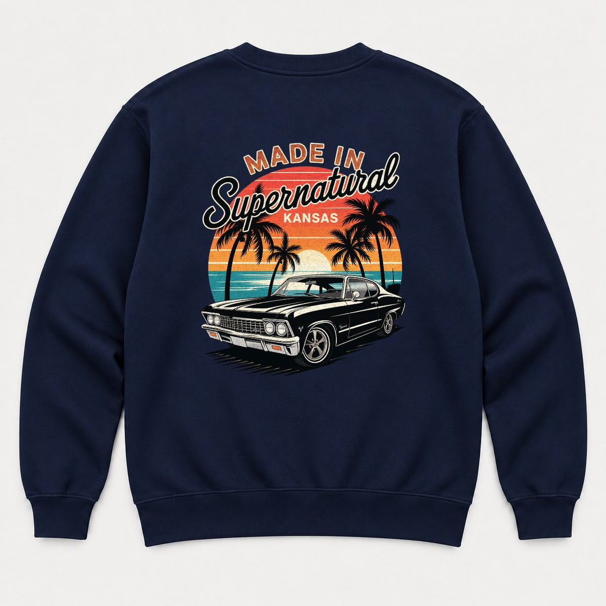 Made In Supernatural Kansas Retro Sunset Muscle Car Graphic T-Shirt & Sweatshirt - Sweatshirt Navy Back