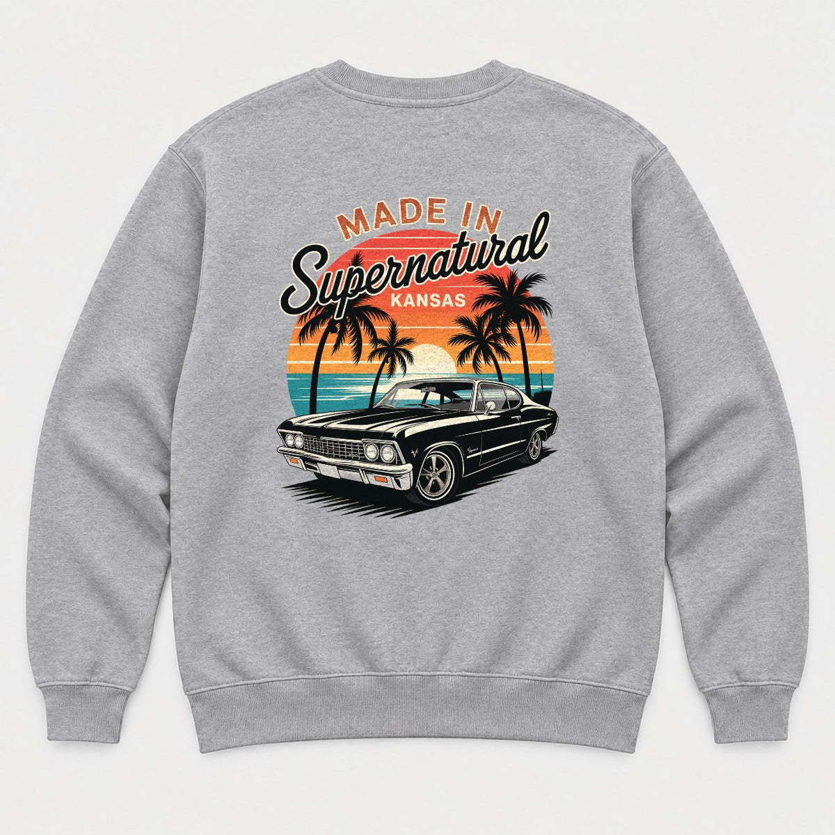 Made In Supernatural Kansas Retro Sunset Muscle Car Graphic T-Shirt & Sweatshirt - Sweatshirt Sport Grey Back
