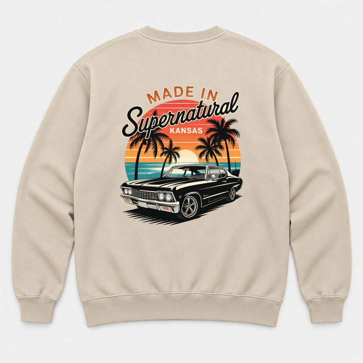 Made In Supernatural Kansas Retro Sunset Muscle Car Graphic T-Shirt & Sweatshirt - Sweatshirt Sand Back