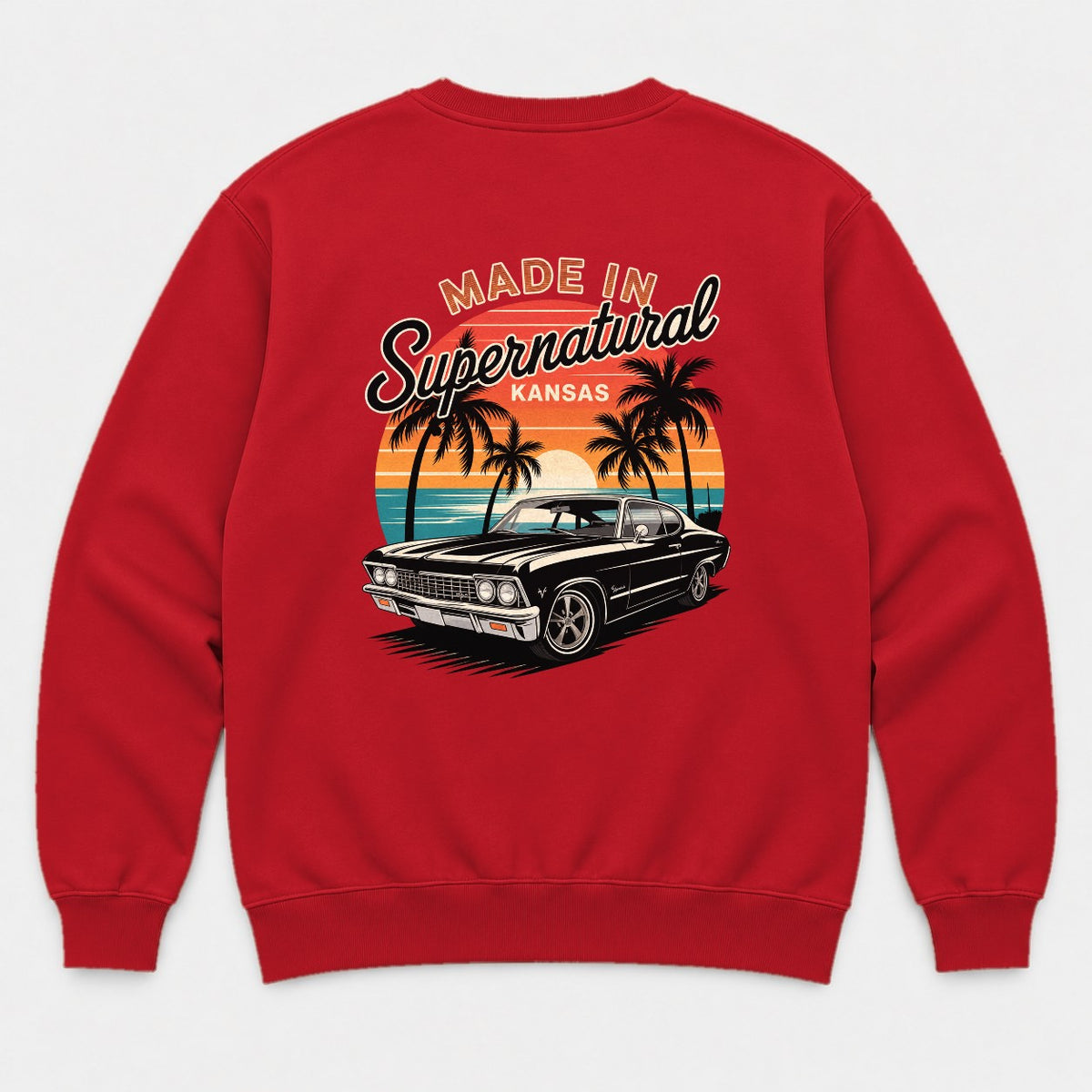 Made In Supernatural Kansas Retro Sunset Muscle Car Graphic T-Shirt & Sweatshirt - Sweatshirt Red Back