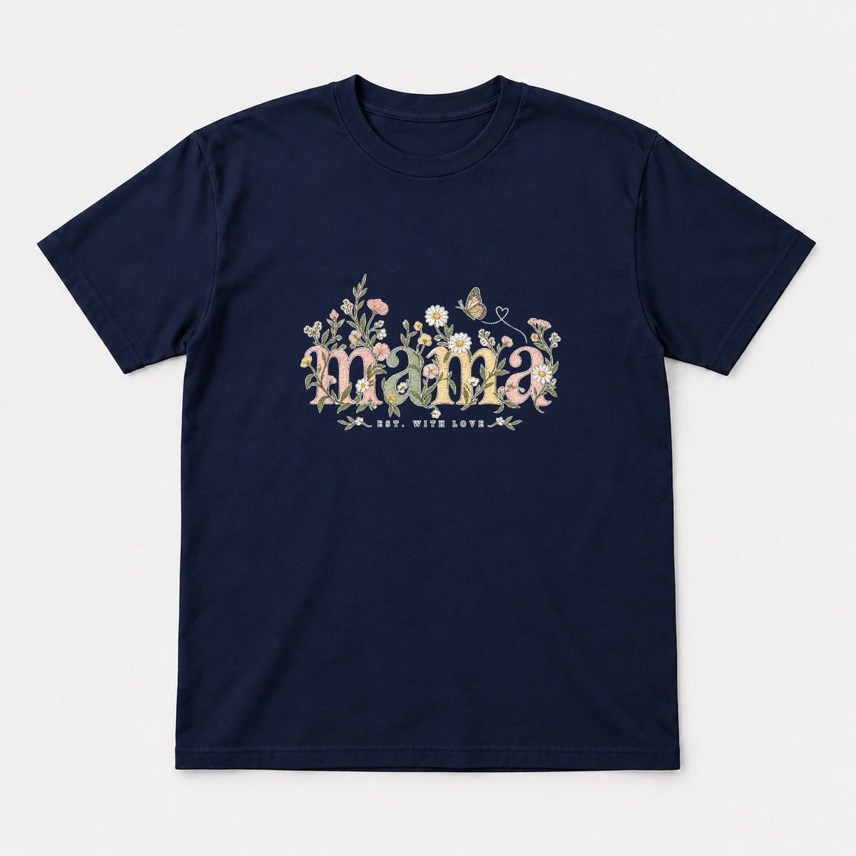 Mama Est. With Love Floral Butterfly Graphic T-Shirt & Sweatshirt - Tshirt Navy Front