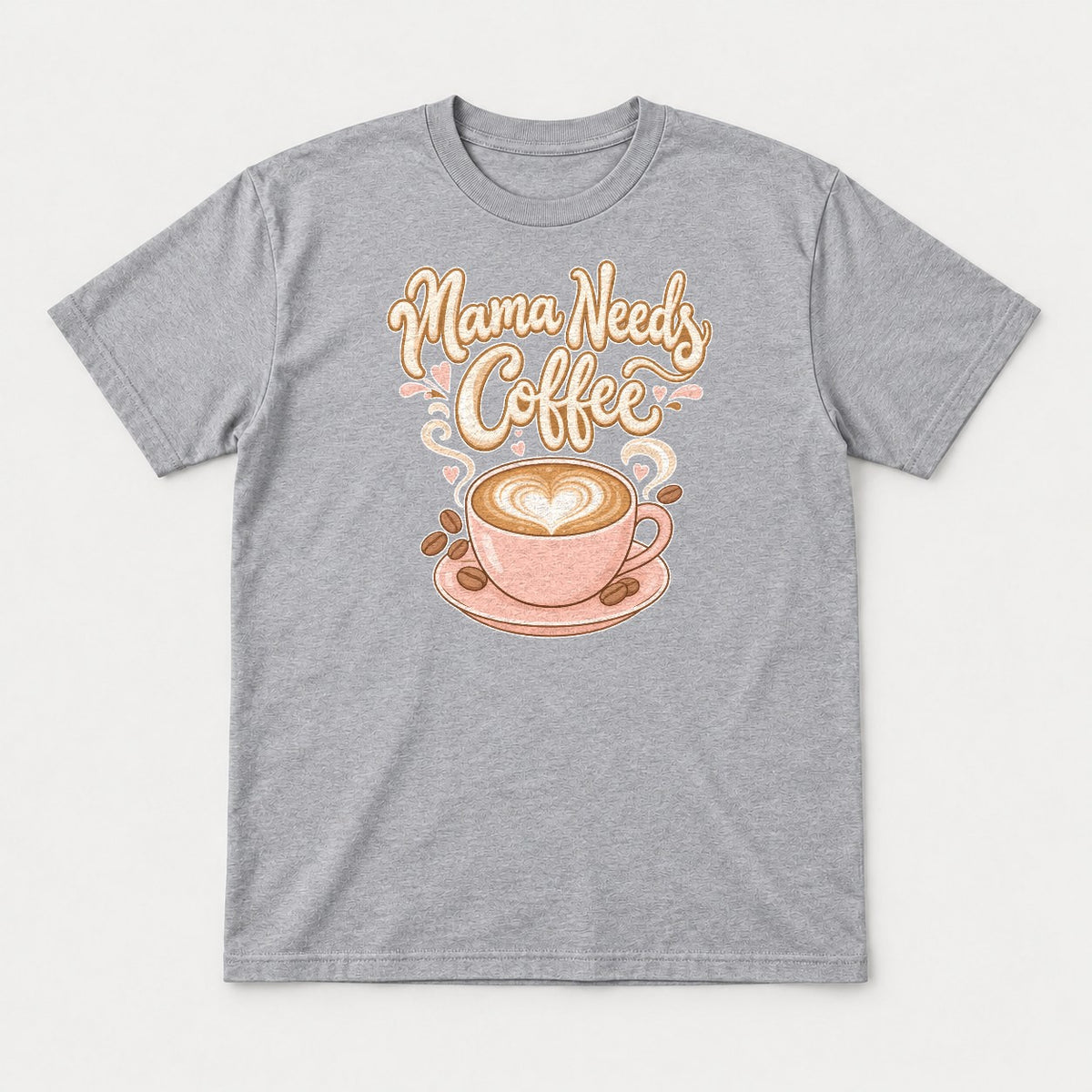 Mama Needs Coffee Pink Latte Heart Graphic T-Shirt & Sweatshirt - Tshirt Sport Grey Front