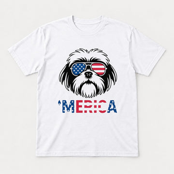 'Merica Shih Tzu American Flag Sunglasses Graphic T-Shirt & Sweatshirt - Tshirt White Front