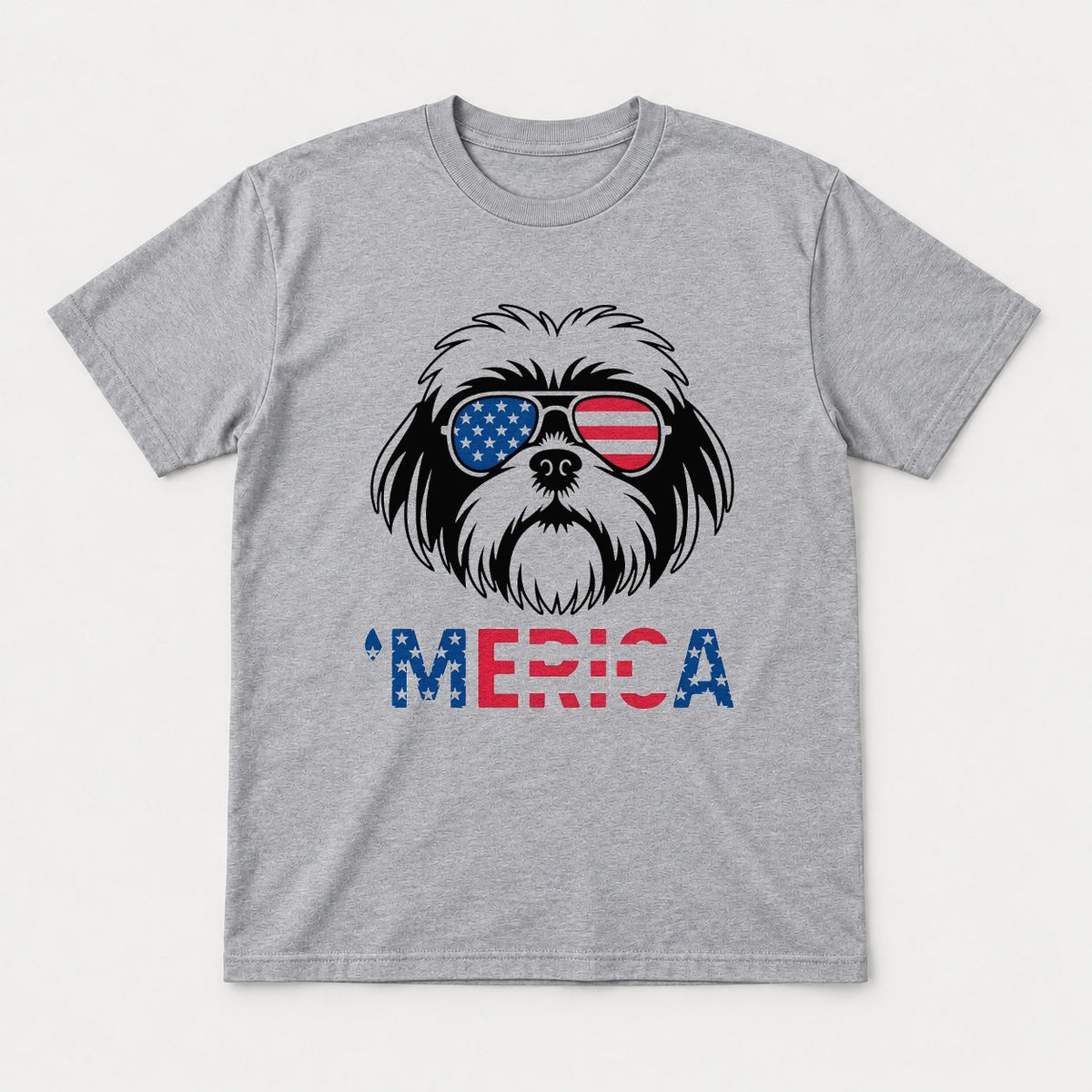 'Merica Shih Tzu American Flag Sunglasses Graphic T-Shirt & Sweatshirt - Tshirt Sport Grey Front