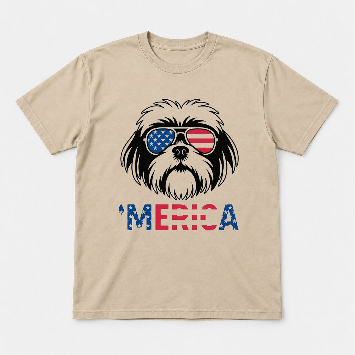 'Merica Shih Tzu American Flag Sunglasses Graphic T-Shirt & Sweatshirt - Tshirt Sand Front