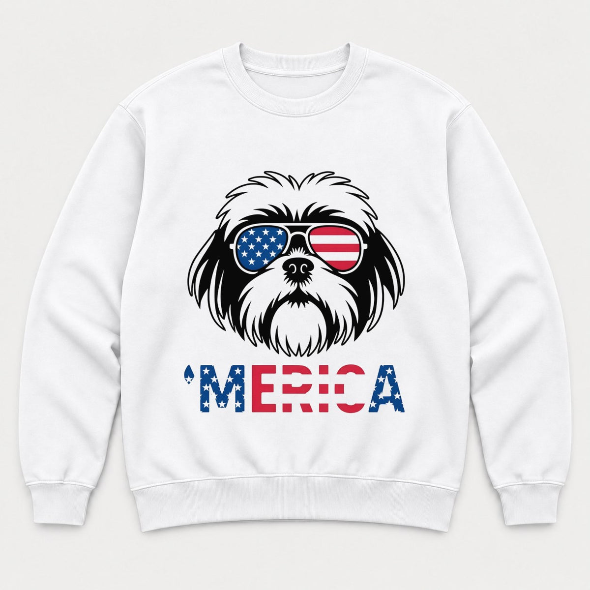 'Merica Shih Tzu American Flag Sunglasses Graphic T-Shirt & Sweatshirt - Sweatshirt White Front