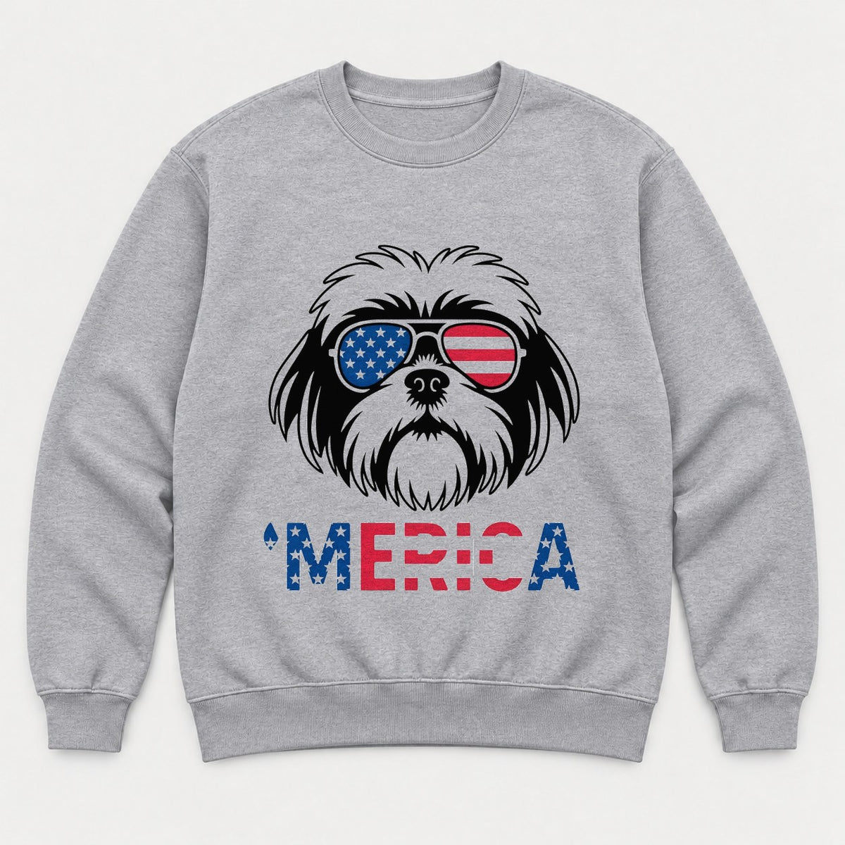 'Merica Shih Tzu American Flag Sunglasses Graphic T-Shirt & Sweatshirt - Sweatshirt Sport Grey Front