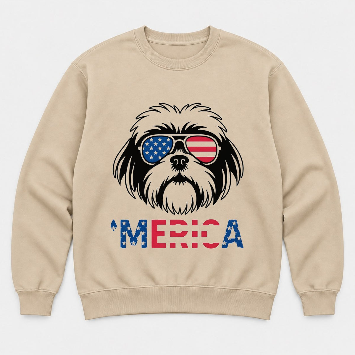 'Merica Shih Tzu American Flag Sunglasses Graphic T-Shirt & Sweatshirt - Sweatshirt Sand Front